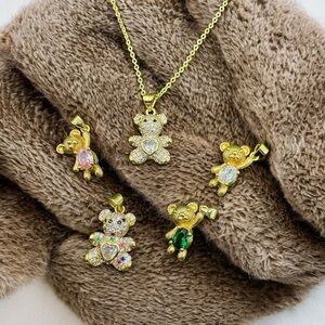 Gold Teddy Bear Pendant Necklace Set stainless